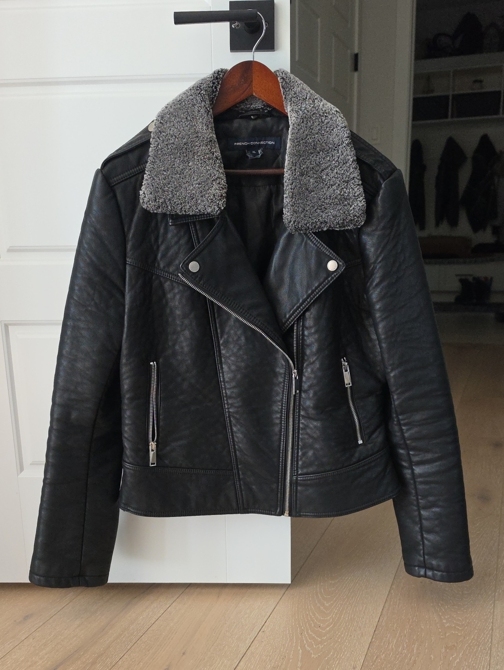 French Connection Black Faux Leather Jacket with Gray Sherpa Collar